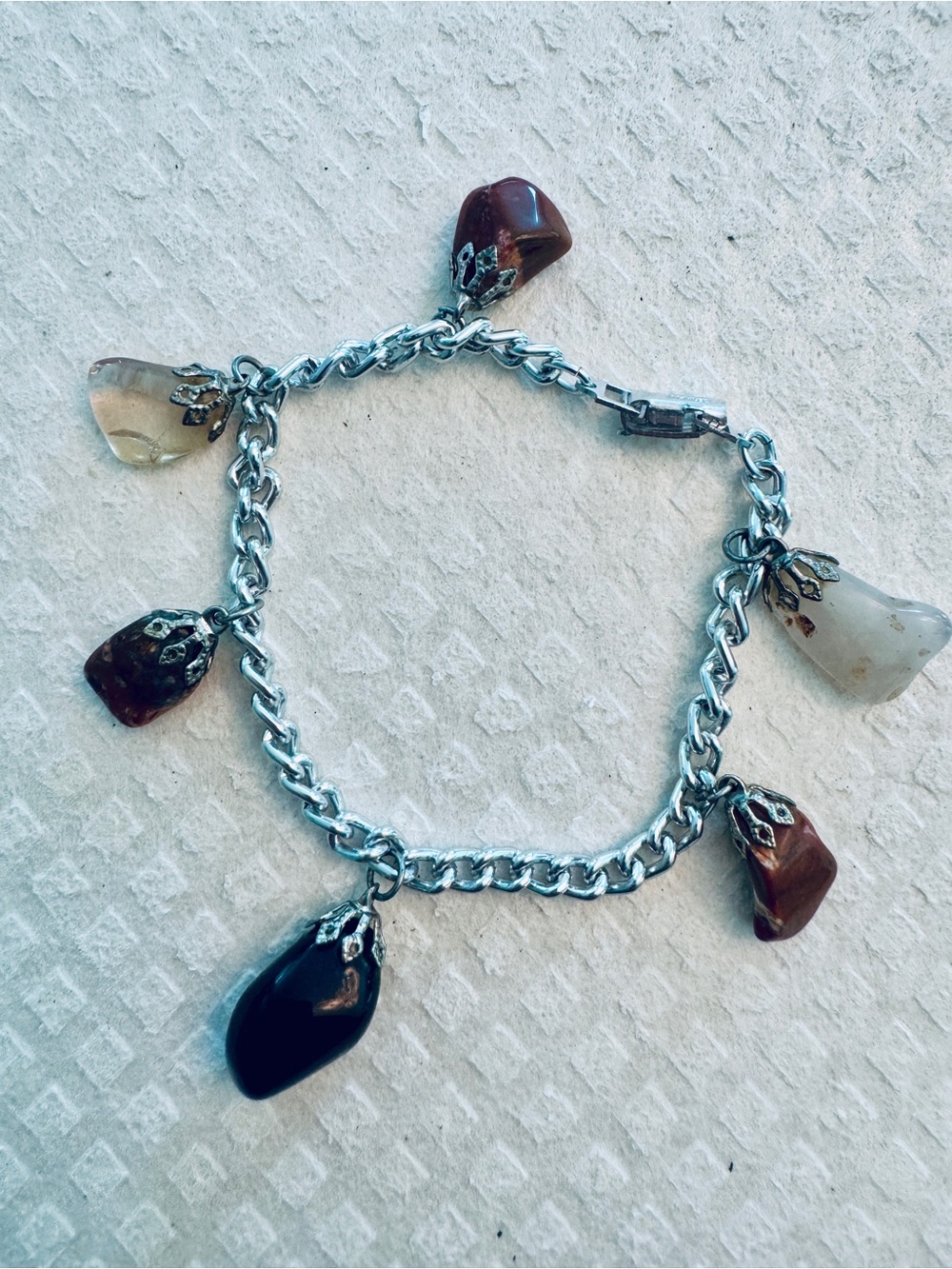 Vintage Charm Bracelet with 6 Polished Stone Dangling Rock Crystal  7"